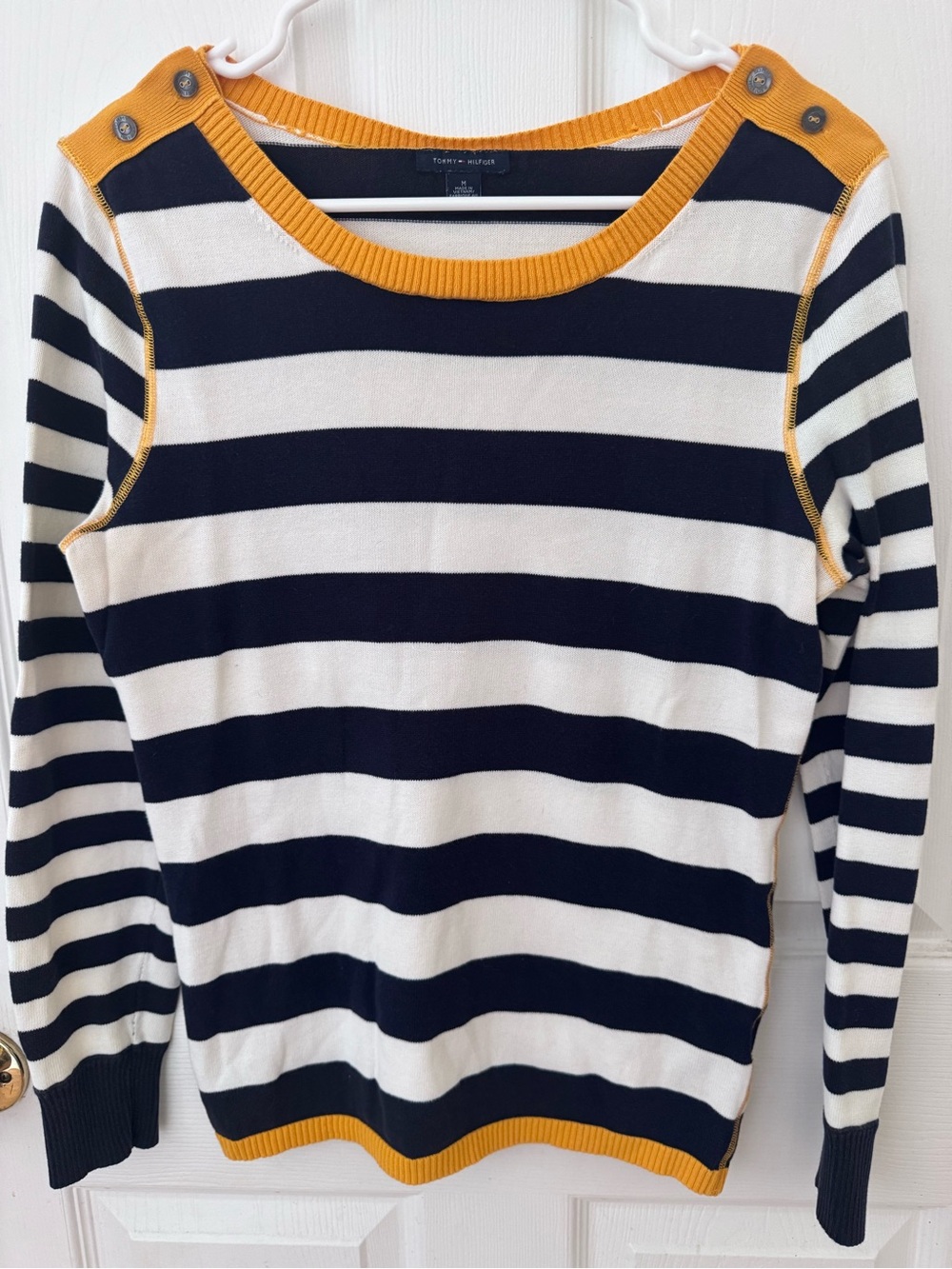 Tommy Hilfiger Women’s Navy & White Striped Crewneck Sweater with Mustard Trim